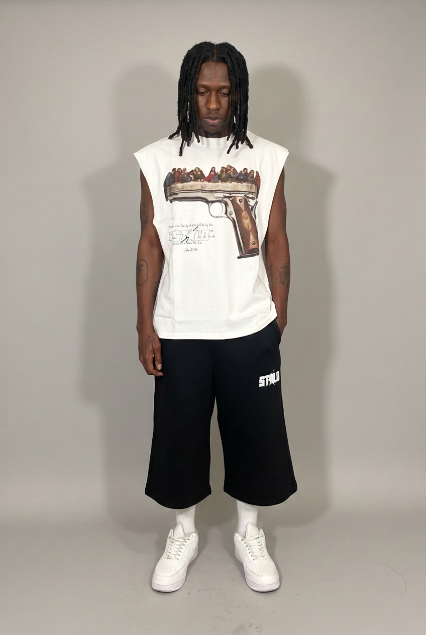 Tank and black shorts with supplied model’s face