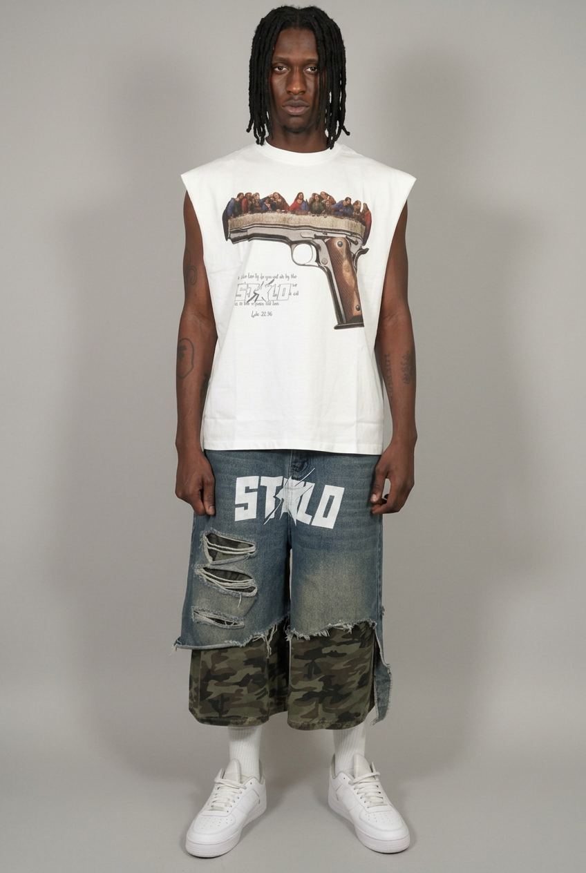 Tank and denim camo shorts with supplied model’s face