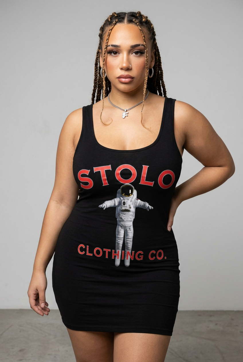 The STOLO tank bodycon dress photographed against a grey studio background