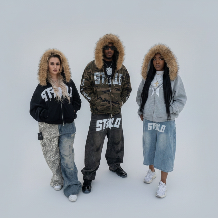 Stolo Clothing Co LOGO Grey Detectable Fur Double Zip-Up Hoodie（400GSM)