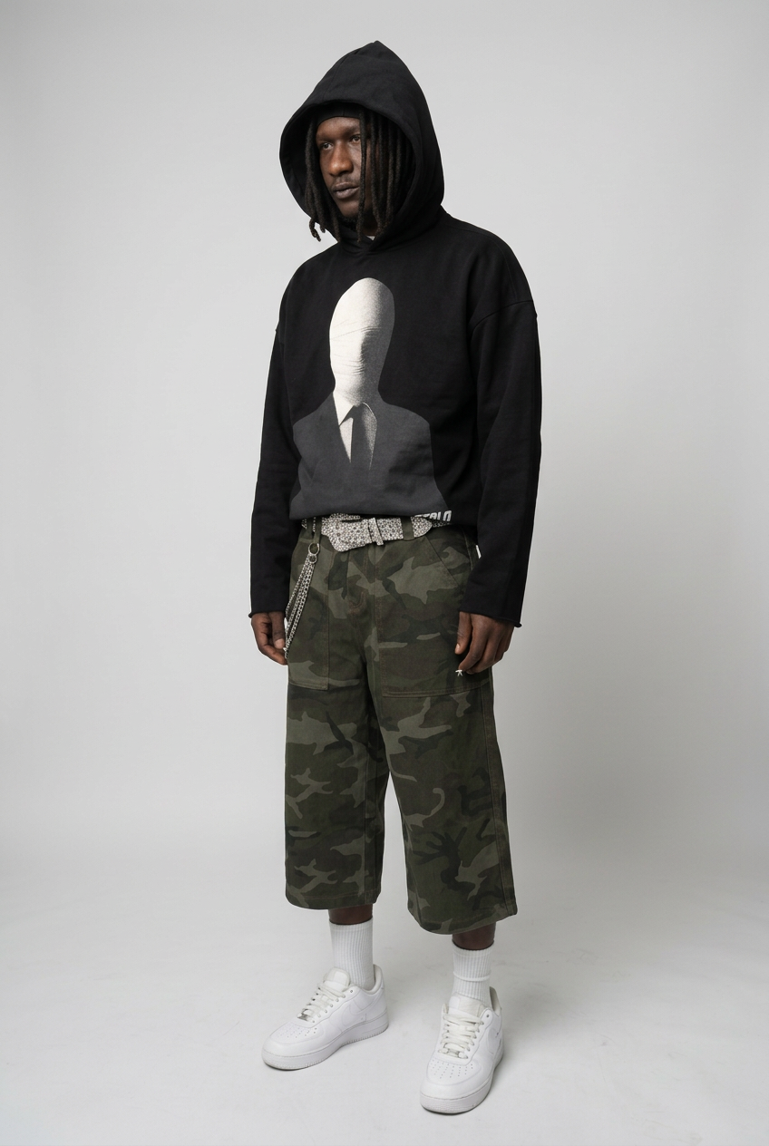 Three-quarter pose with hoodie and camo shorts