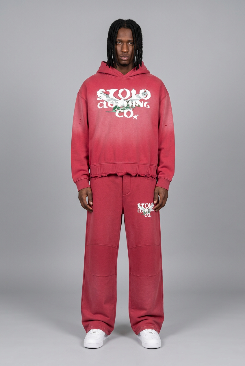 Usual STOLO model wearing the red hoodie and matching pants