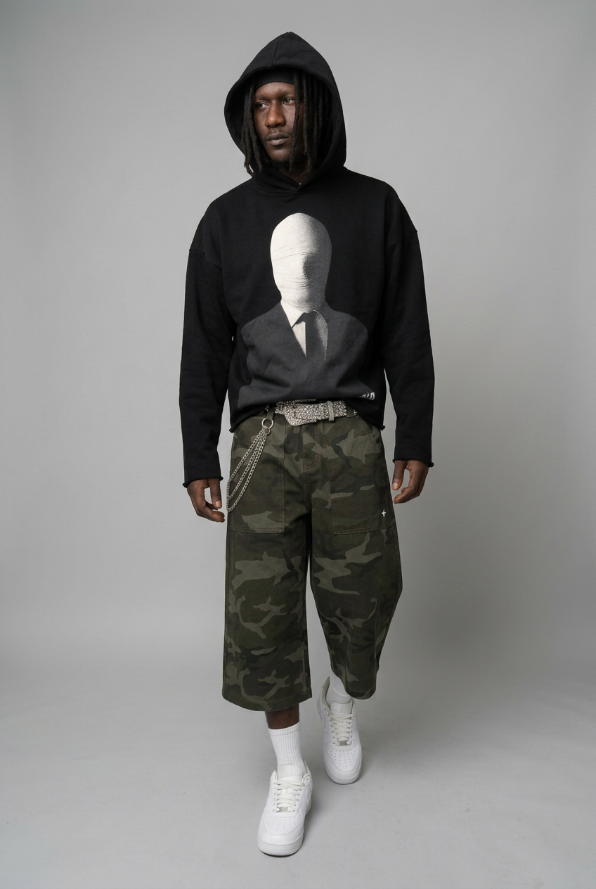 Walking pose with hoodie and camo shorts