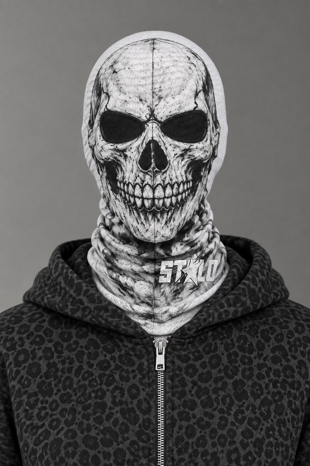 White printed skull mesh mask on the model