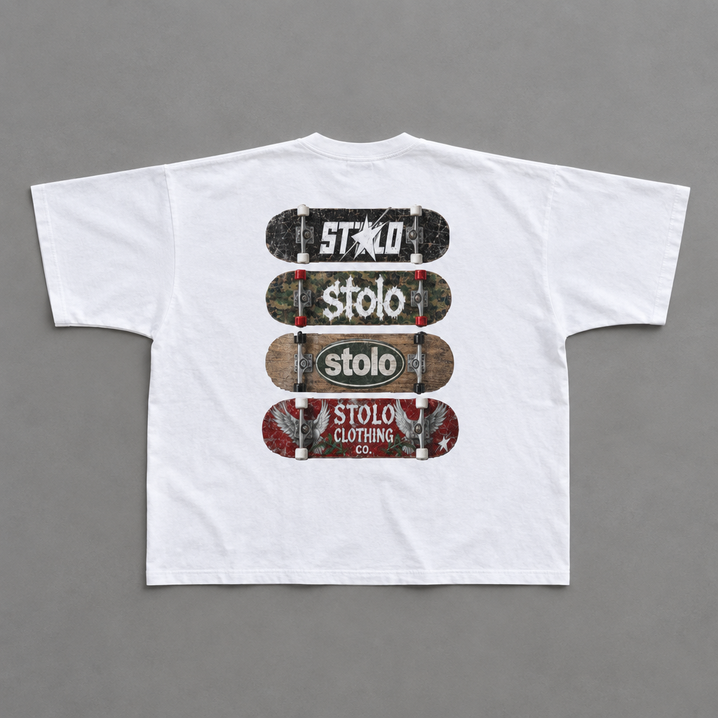 White skateboard tee back on grey studio floor