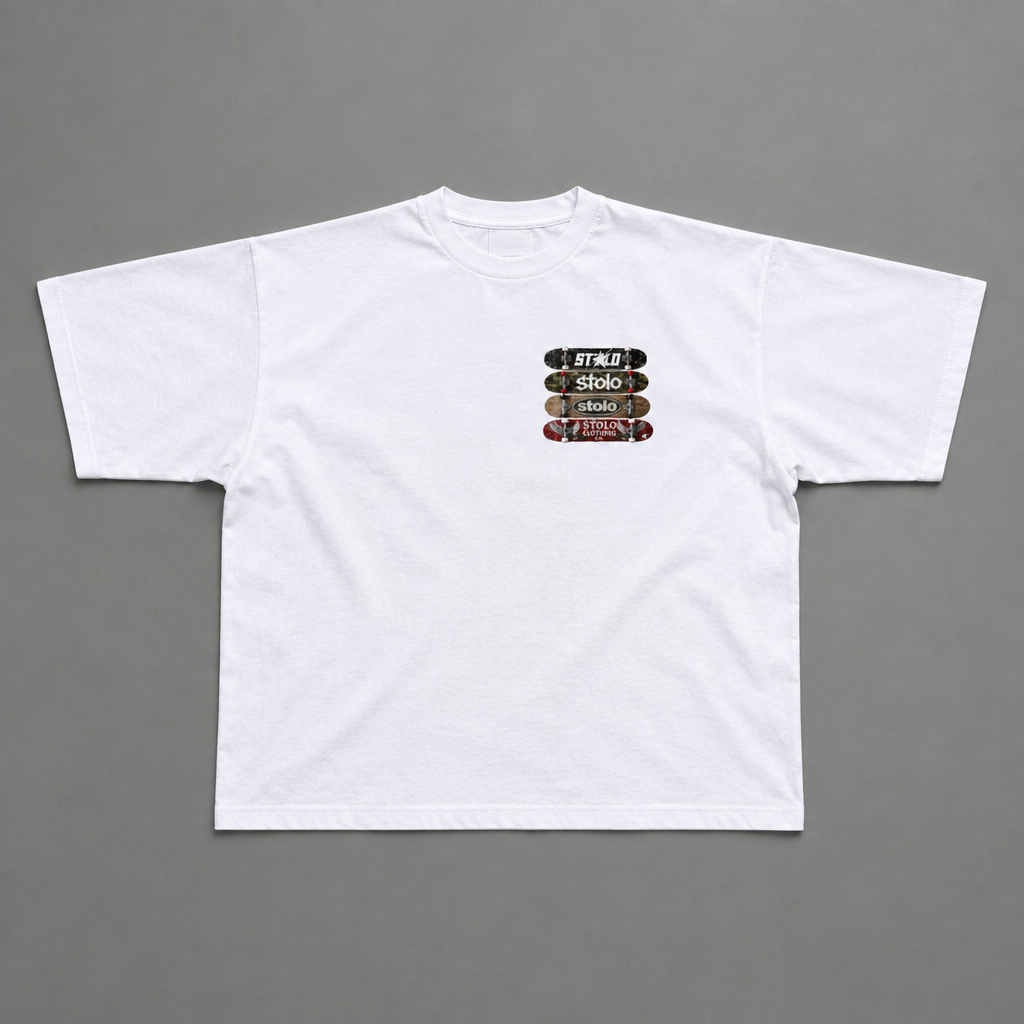 White skateboard tee front on grey studio floor