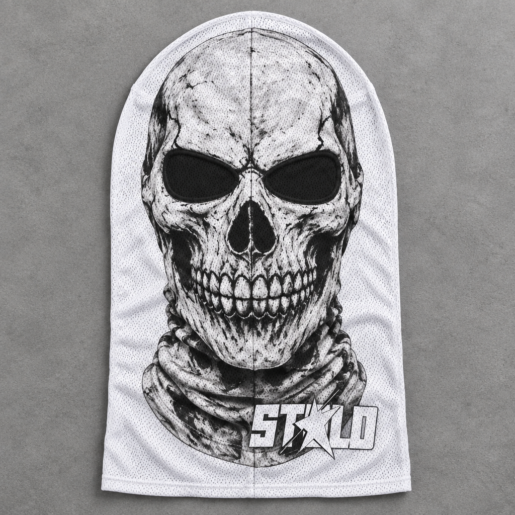 White skull mesh mask gray-studio flat lay