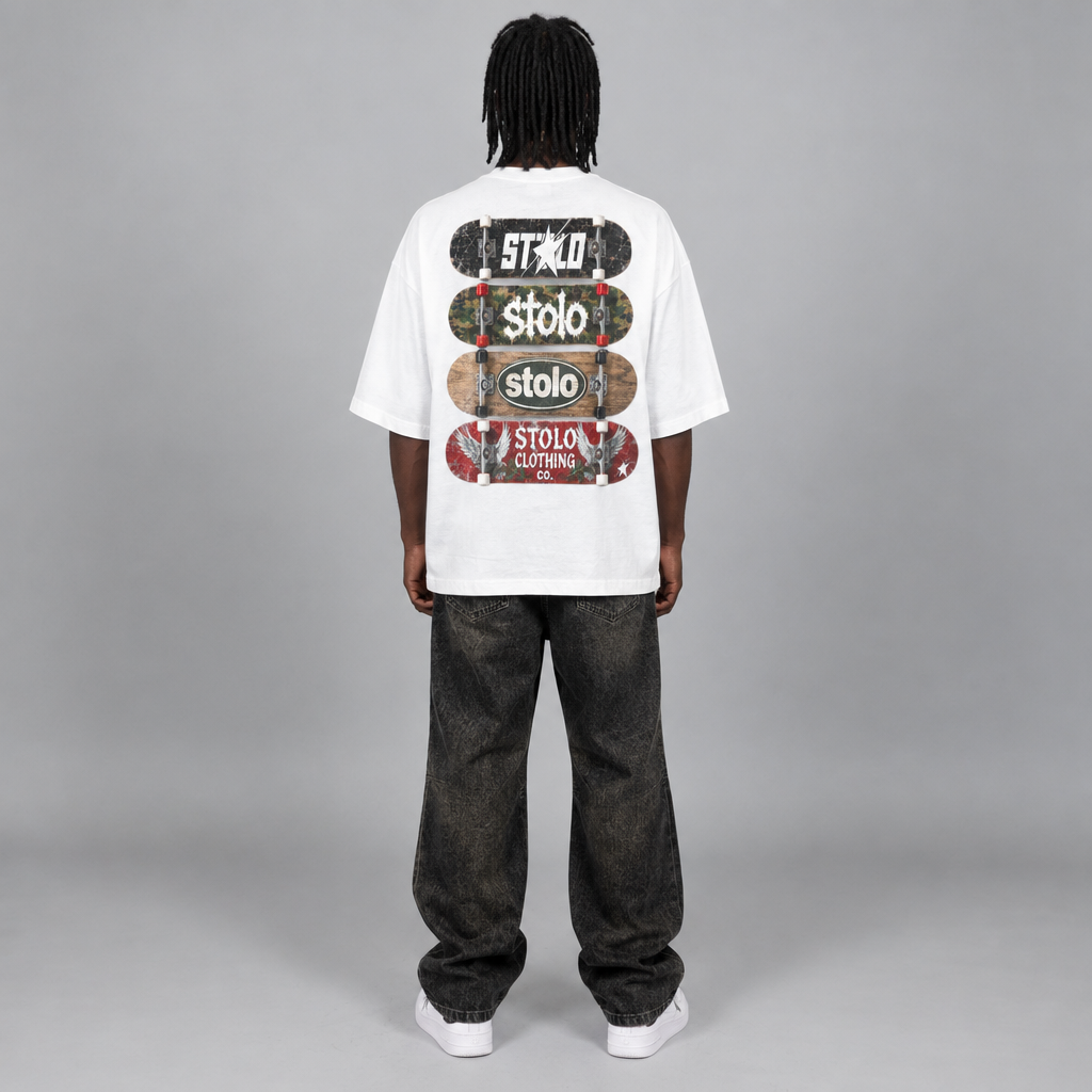 White STOLO skateboard tee back view