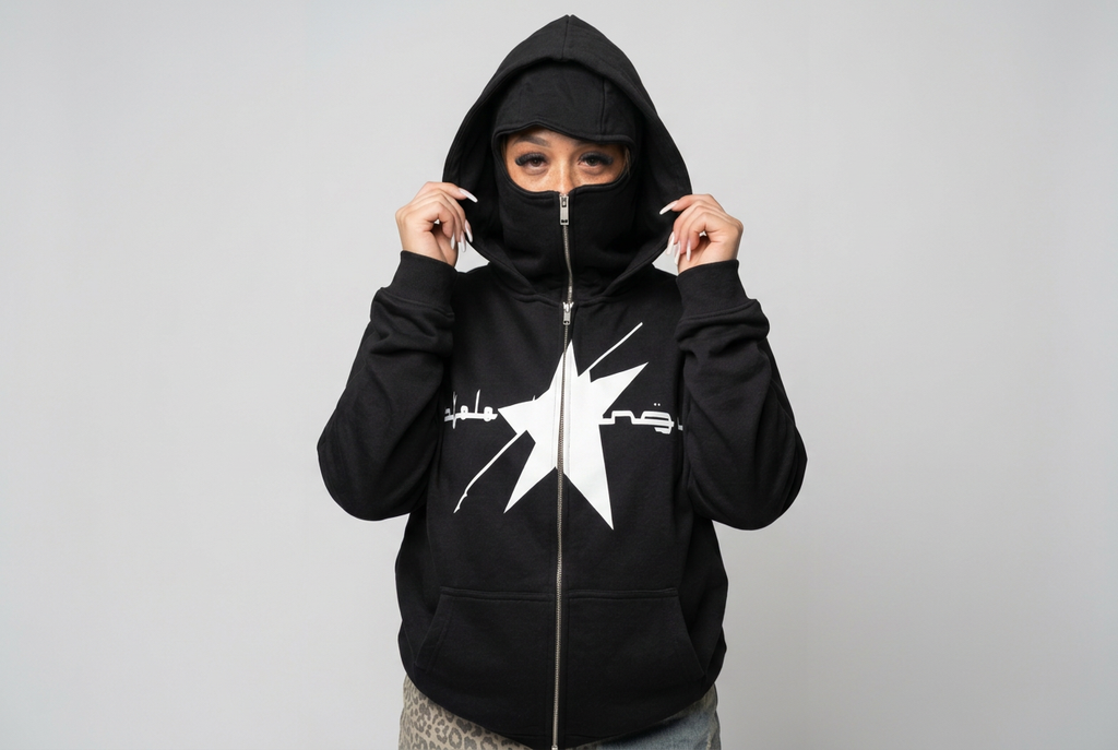Wide landscape mask-hoodie studio image