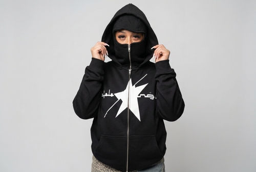 Wide landscape mask-hoodie studio image