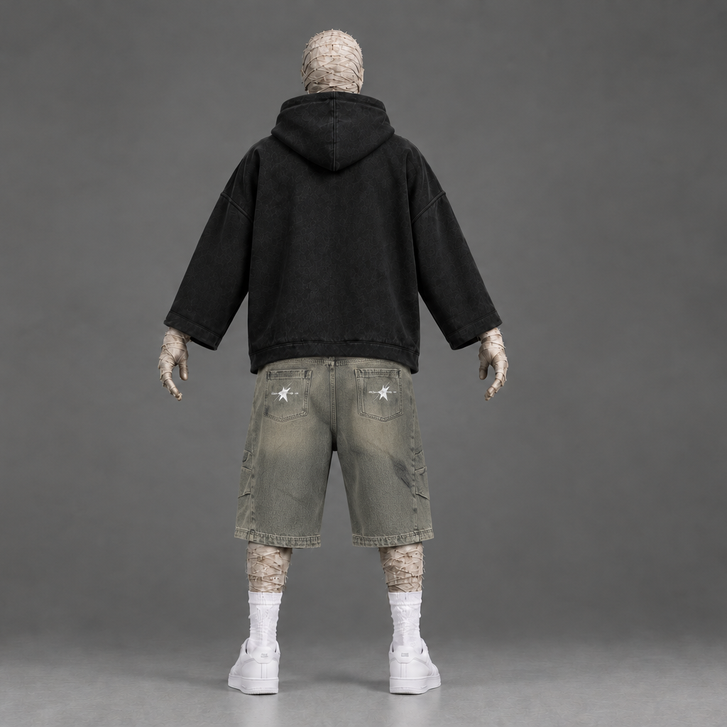 Wide mummy back view using the exact submitted pants