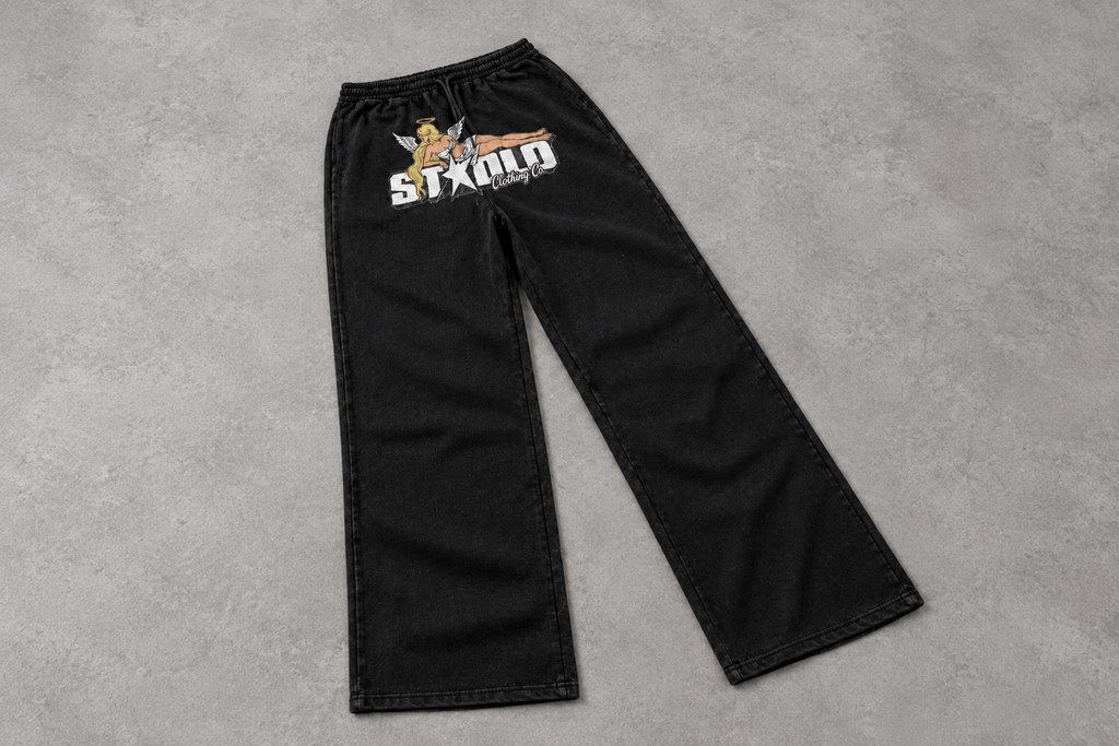 Wide overhead floor-lay STOLO angel sweatpants photo