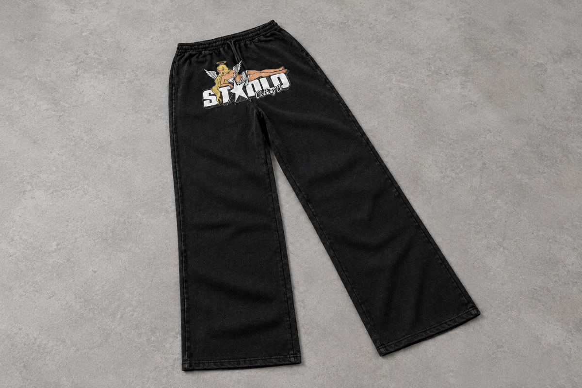 Wide overhead floor-lay STOLO angel sweatpants photo
