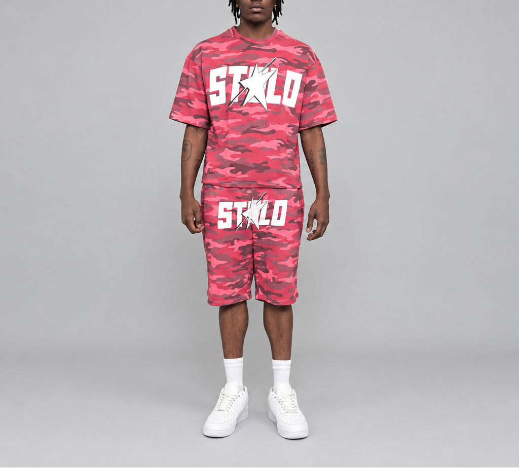 Wide-view studio photo with white socks and the pink camouflage set