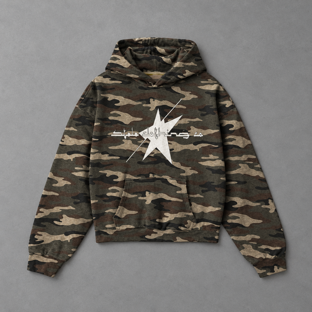 Woodland camo hoodie flat lay
