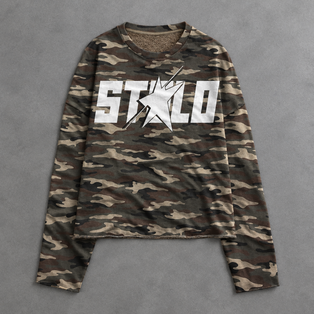 Woodland camo long-sleeve flat lay
