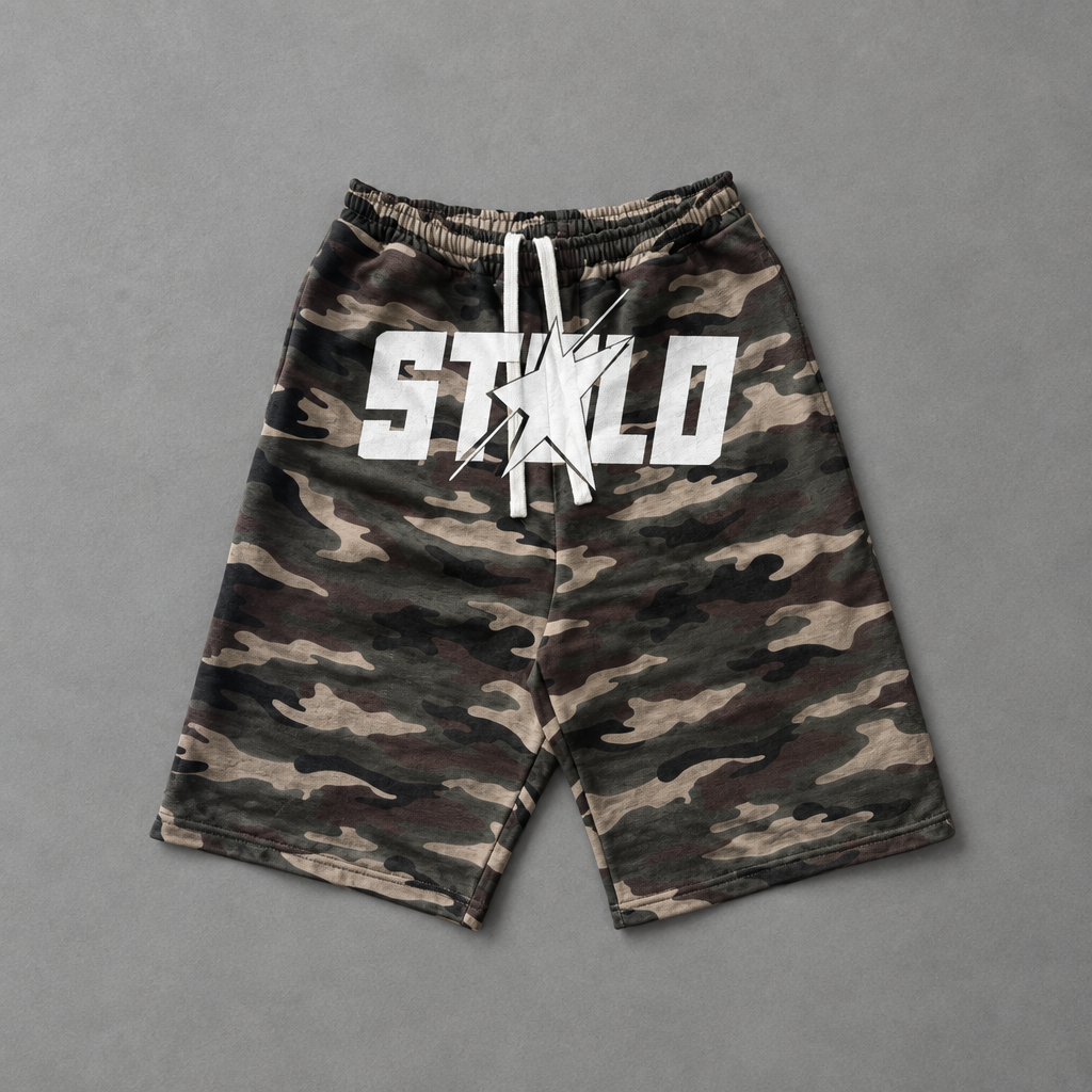 Woodland camo shorts flat lay