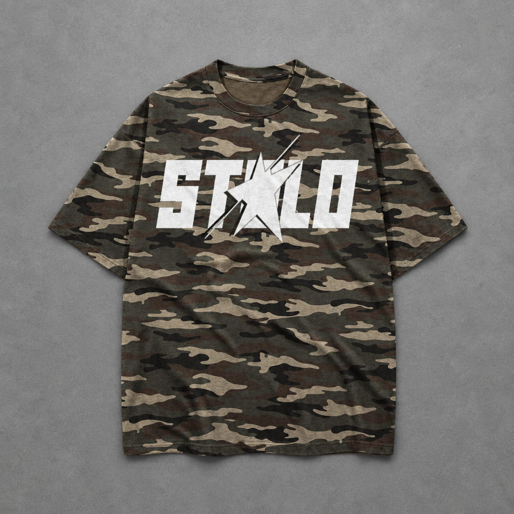 Woodland camo tee flat lay