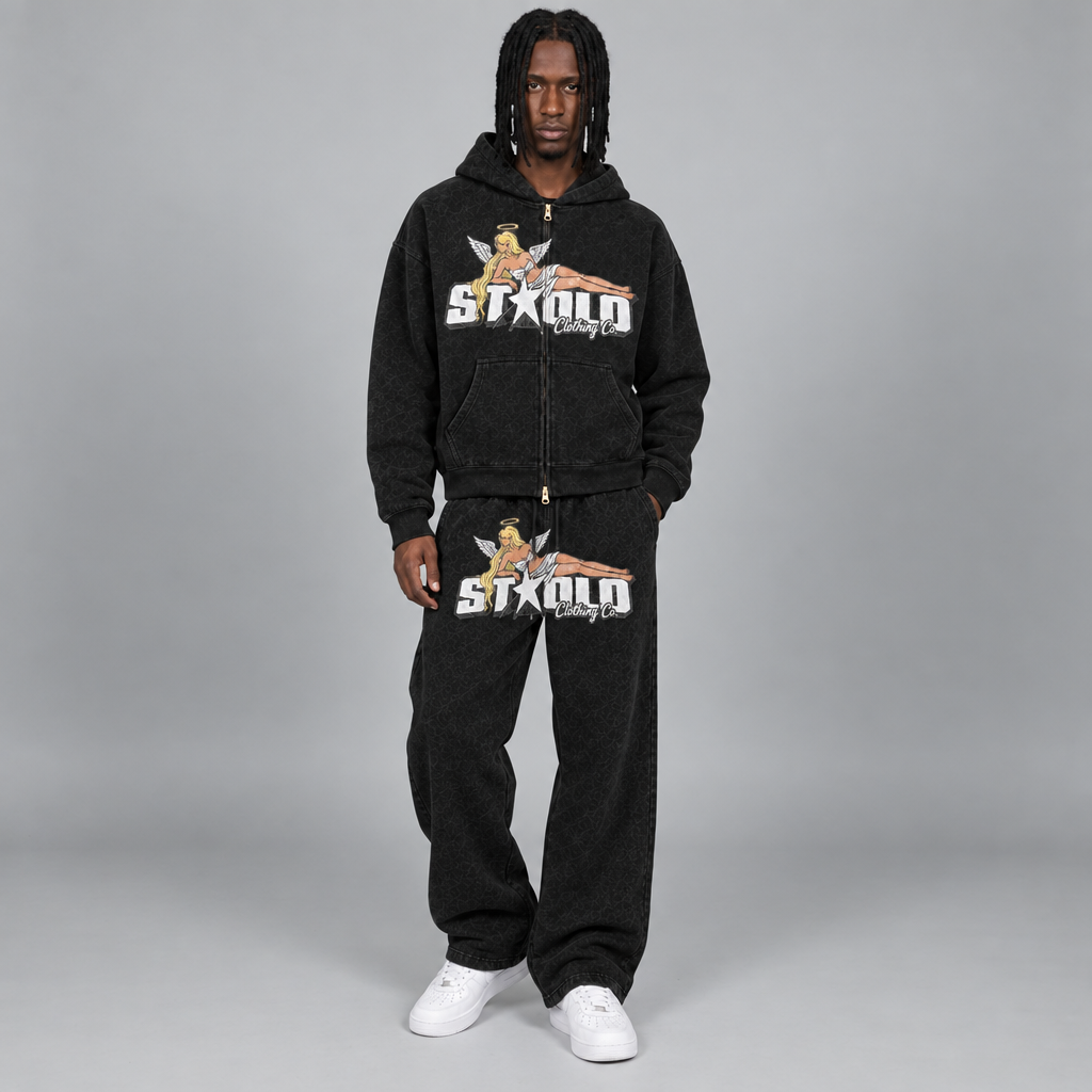 Your model in the STOLO angel hoodie and matching black sweatpants