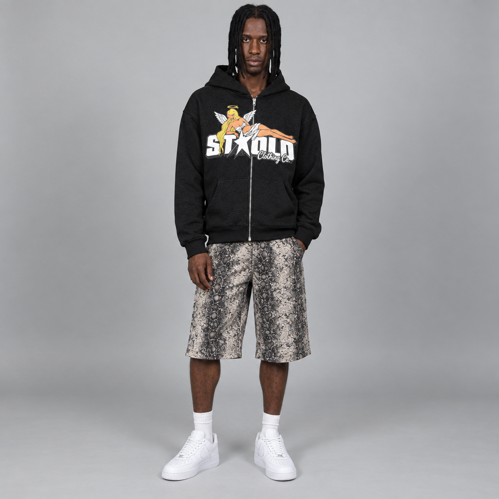 Your model in the STOLO angel hoodie and snakeskin shorts